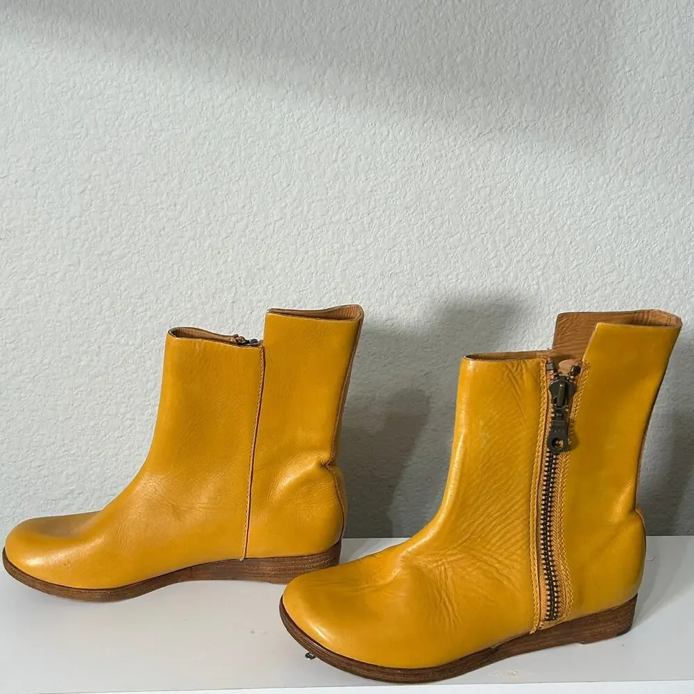 Kork-Ease Womens Liza Yellow Leather Zip Up Ankle Boot Wedge Size 9 Boho Scandi